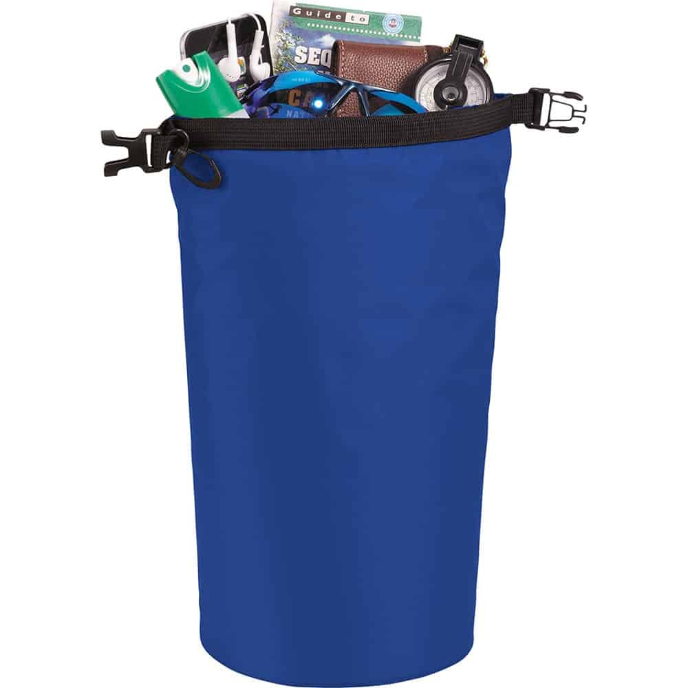 A blue waterproof outdoor bag filled with various items like a drink bottle, headphones, and a small pouch.
