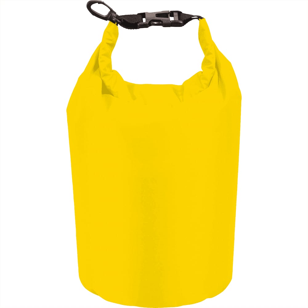 A waterproof outdoor bag in bright yellow, featuring a black fastener and an adjustable strap. It has a logo.