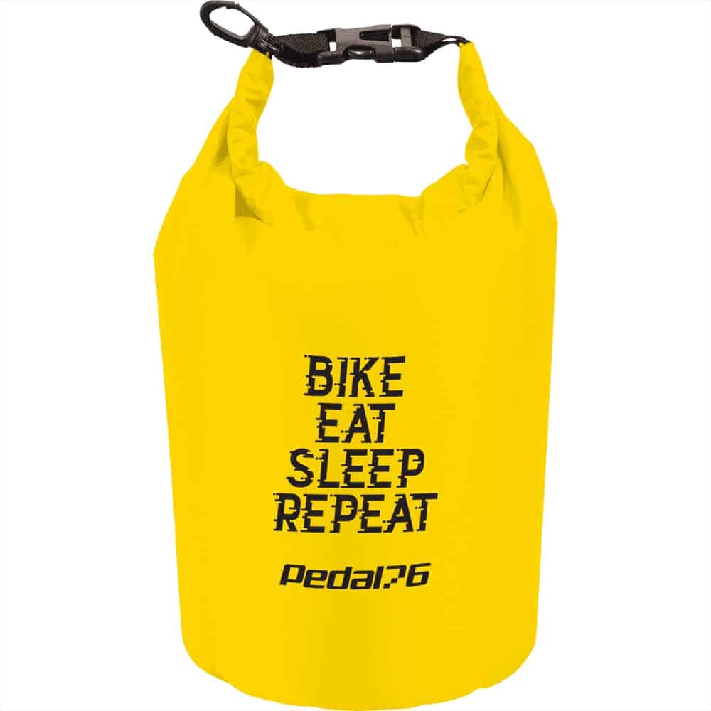A yellow waterproof outdoor bag featuring a logo and text design. Ideal for outdoor activities.