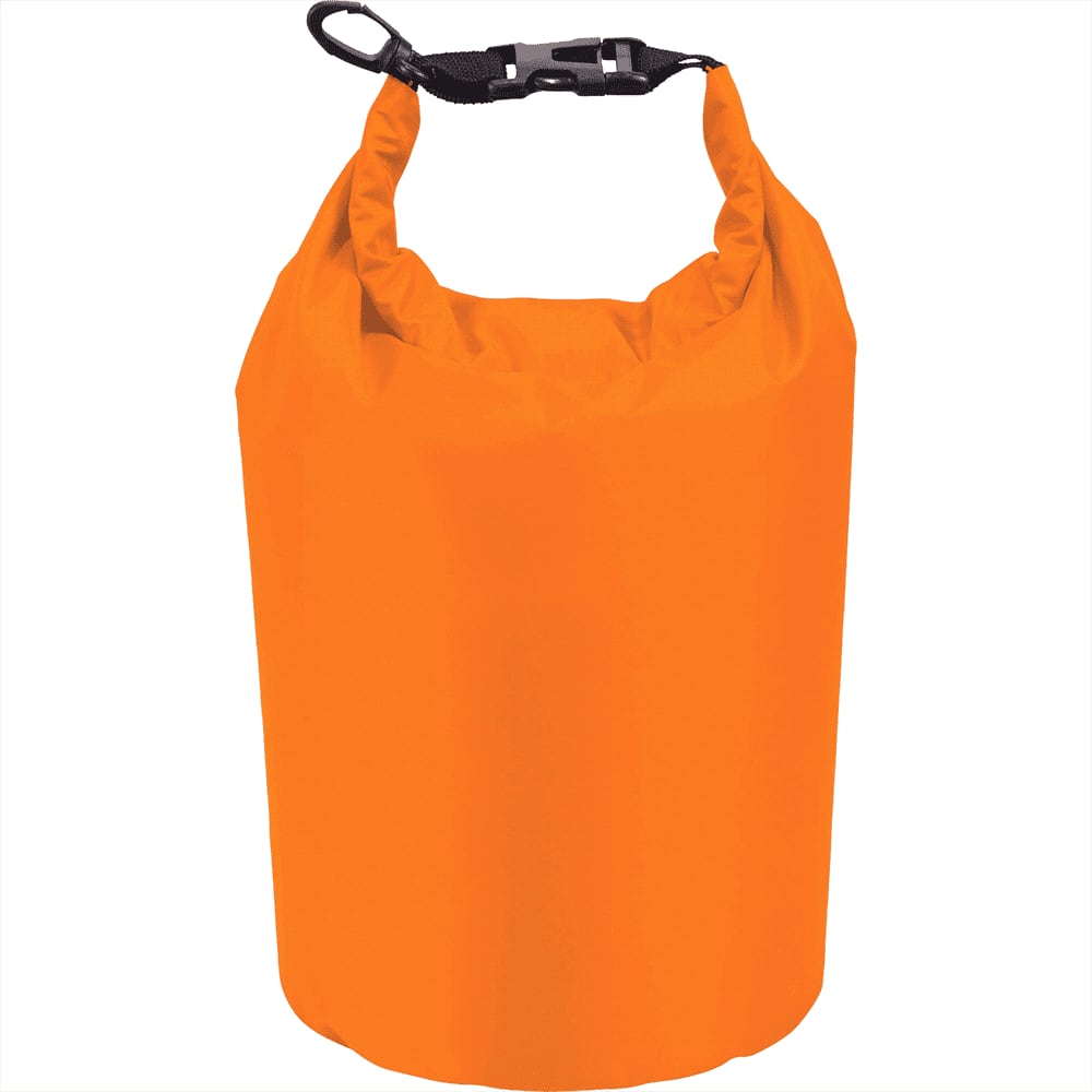 An orange waterproof outdoor bag with a secured top and a strap. It features a logo on the side.