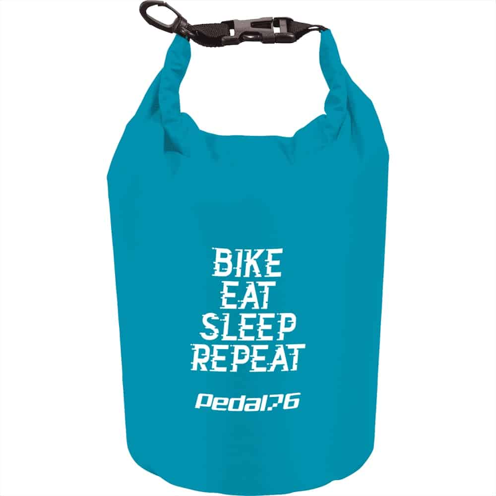 A turquoise waterproof outdoor bag with a black strap and a logo, featuring the text 