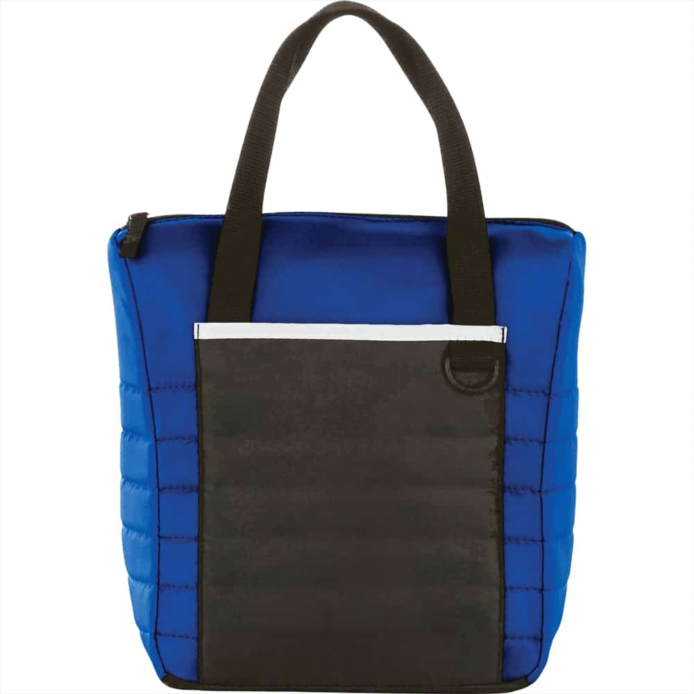 A blue and black quilted cooler bag with a front pocket and two black handles.