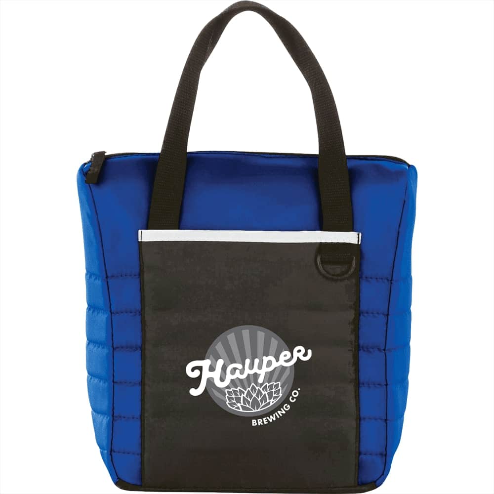 A blue quilted lunch cooler bag with a black front pocket and a logo. It features sturdy black handles.