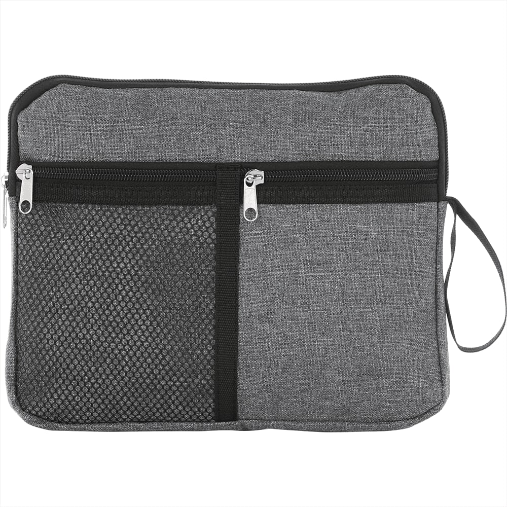 A multi-purpose travel bag in grey, featuring zippered compartments and a mesh pocket, includes a handle for easy carrying.