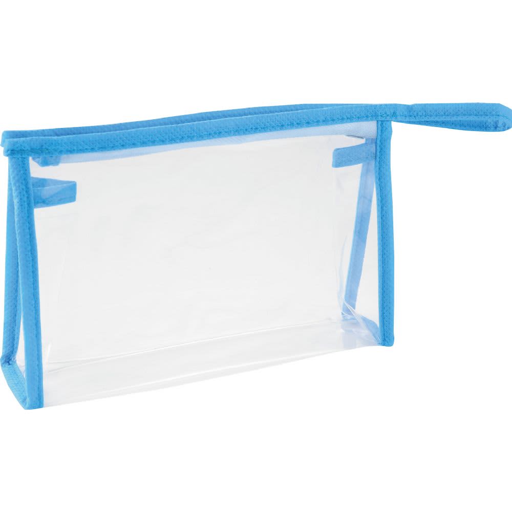 A clear toiletries bag with a light blue fabric trim and handle, featuring a logo on the side.