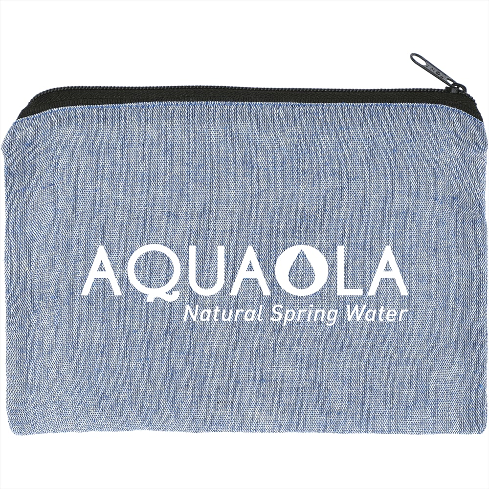 A recycled cotton twill pouch in blue with a zip closure and a logo on the front.