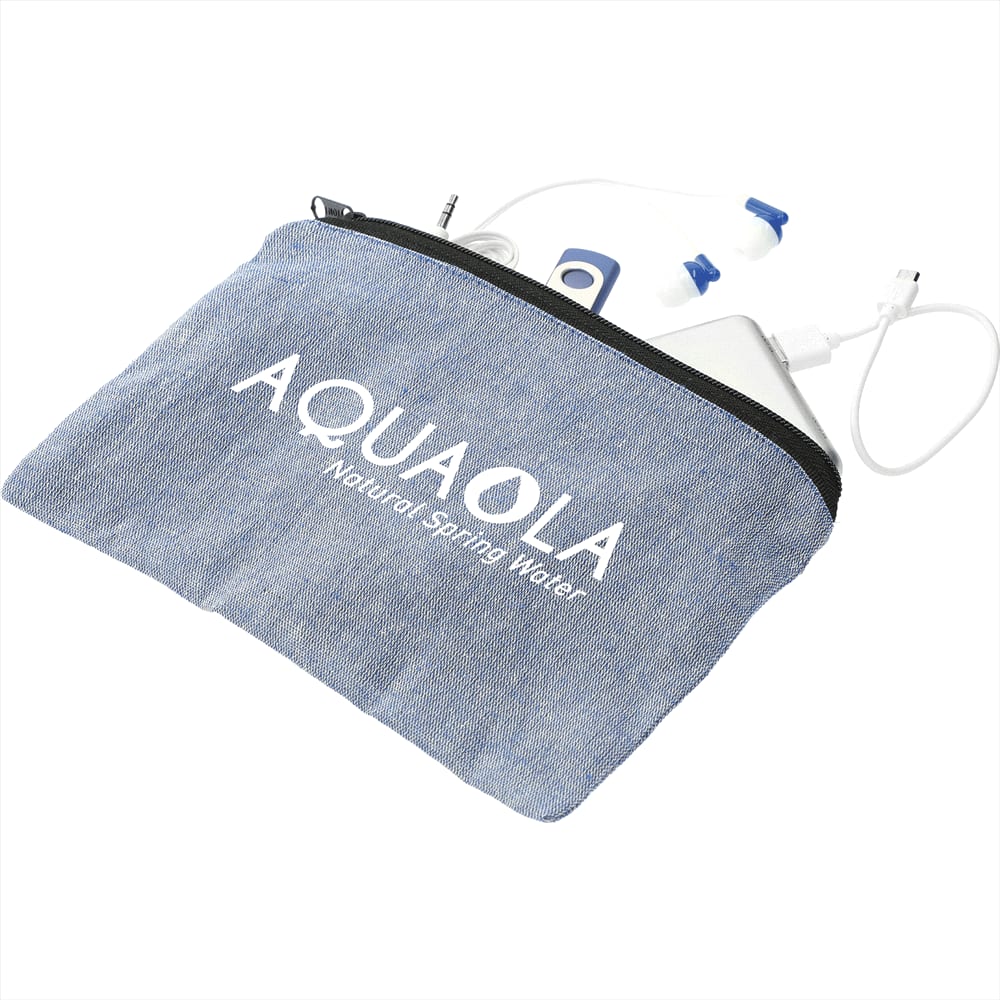 A denim-blue recycled cotton twill pouch with a zip, containing a bottle and charging cables. Features a logo.