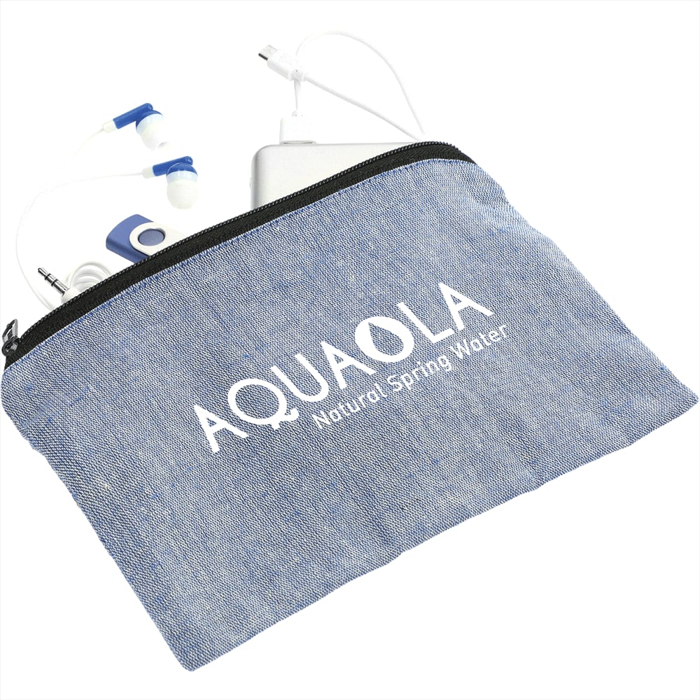A blue recycled cotton twill pouch with a zipper and earphones inside. It features a logo on the front.