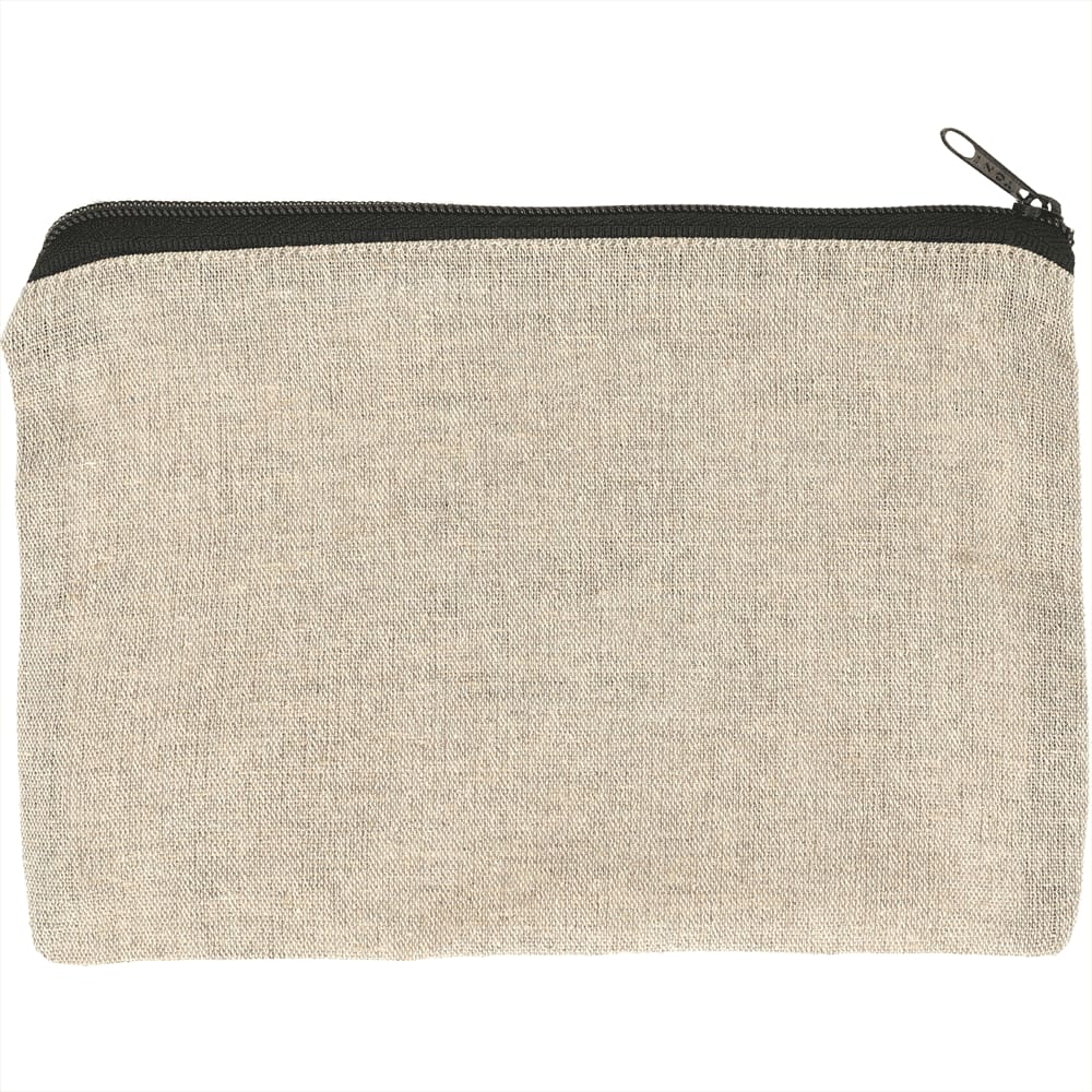 A beige recycled cotton twill pouch with a black zipper, featuring a logo on the front.