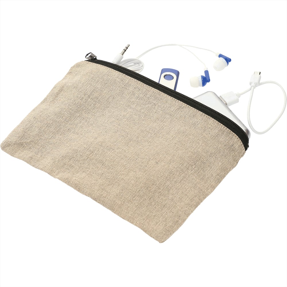 A recycled cotton twill pouch in beige, containing charging cables and earphones. It features a zip closure and a logo.