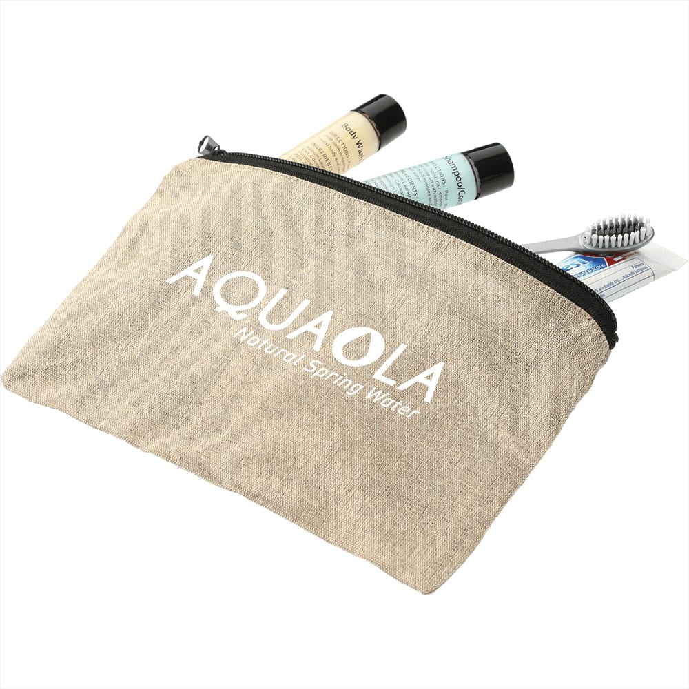 A beige recycled cotton twill pouch containing toiletries like tubes and a toothbrush, featuring a logo.