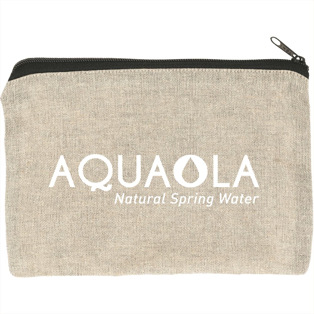 A recycled cotton twill pouch in a natural beige colour with a zipper and a logo on the front.