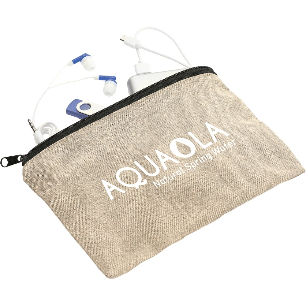 Recycled cotton twill pouch in beige with a logo, containing a charger and earphones.