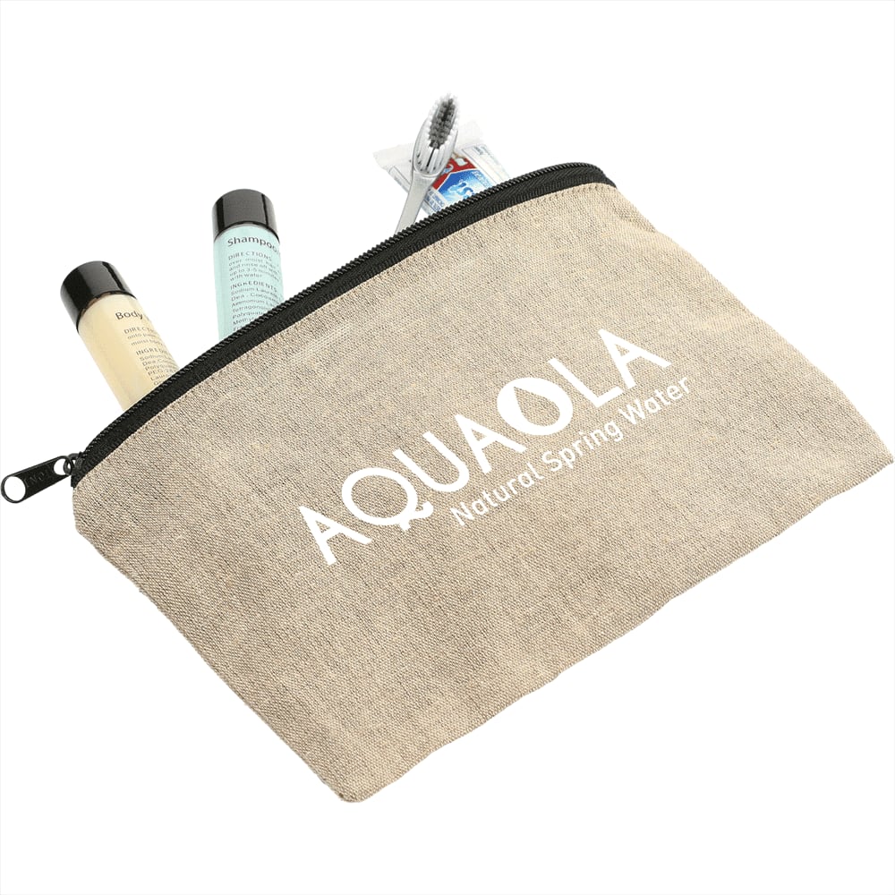 A beige recycled cotton twill pouch with a zip, containing toiletries and a toothbrush, featuring a logo.