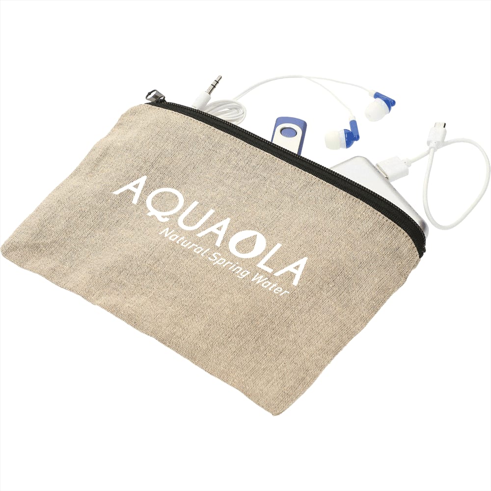 A beige recycled cotton twill pouch with a zipper, containing earphones and charging cables. It features a logo.