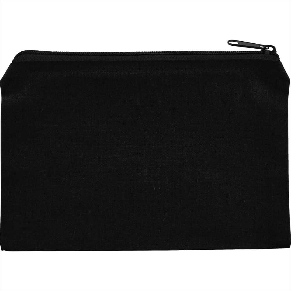 A black cotton travel pouch with a zip closure and a smooth surface, featuring a logo.