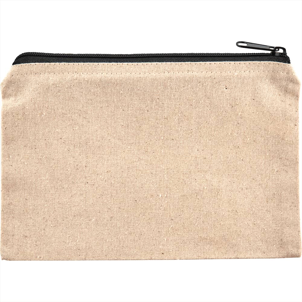 A beige cotton travel pouch with a black zipper, featuring a simple and minimalist design.