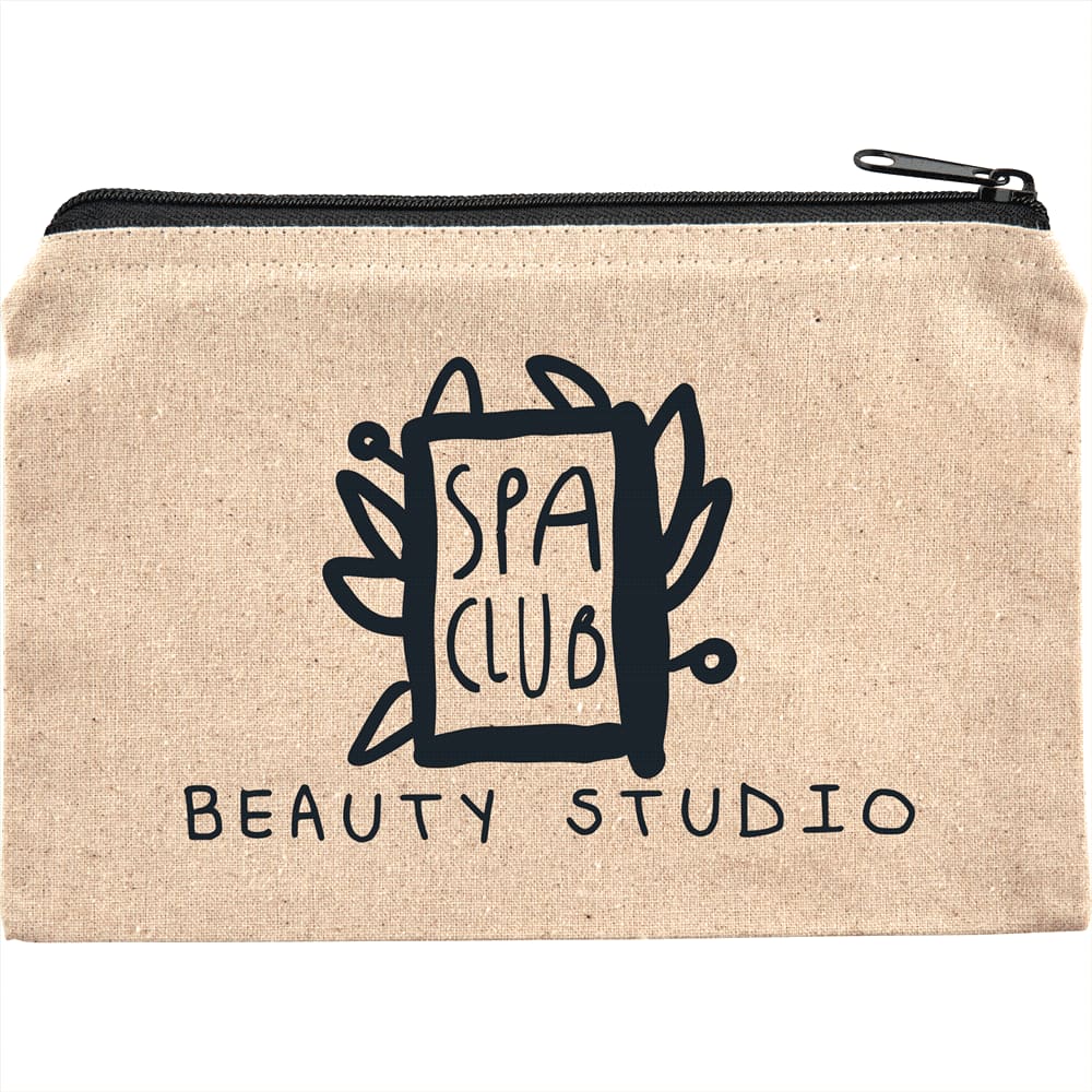 A beige cotton travel pouch with a zip closure and a logo featuring a spa-themed design.