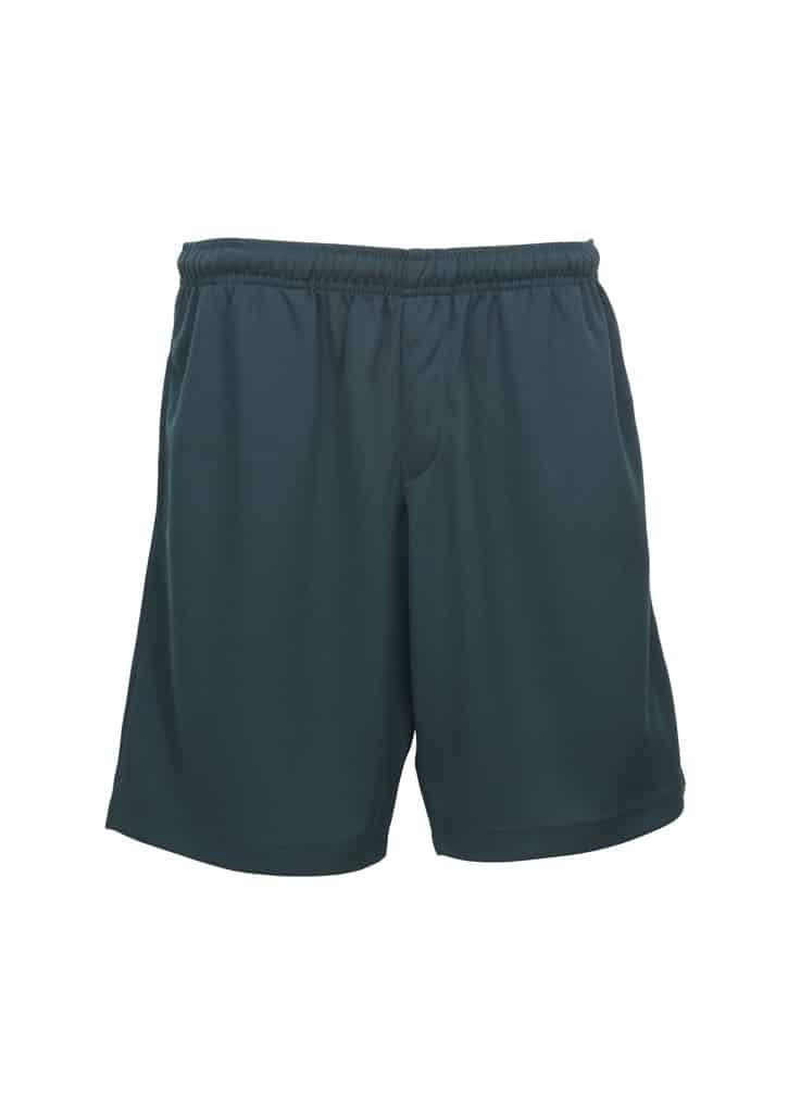 Forest green athletic shorts with an elastic waistband and relaxed fit. Crafted from lightweight, breathable performance fabric, these sports shorts are suitable for teamwear, school uniforms, training, activewear and branded apparel programs.