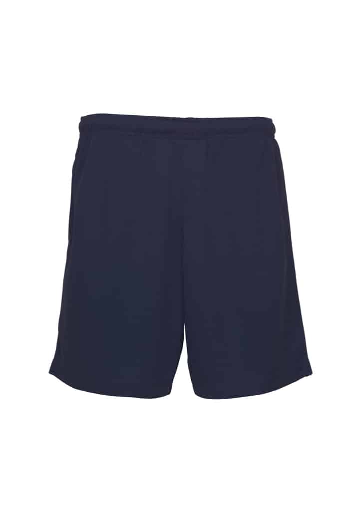 Navy blue athletic shorts with an elastic waistband and modern relaxed fit. Made from lightweight, breathable performance fabric, these sports shorts are ideal for teamwear, school uniforms, training, activewear and promotional apparel programs.