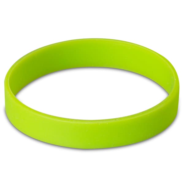 A vibrant green silicone wristband with a smooth finish and no visible branding or text.