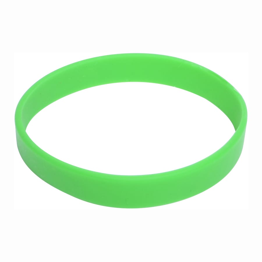 A green silicone wristband with a smooth surface and a simple design, featuring a logo.