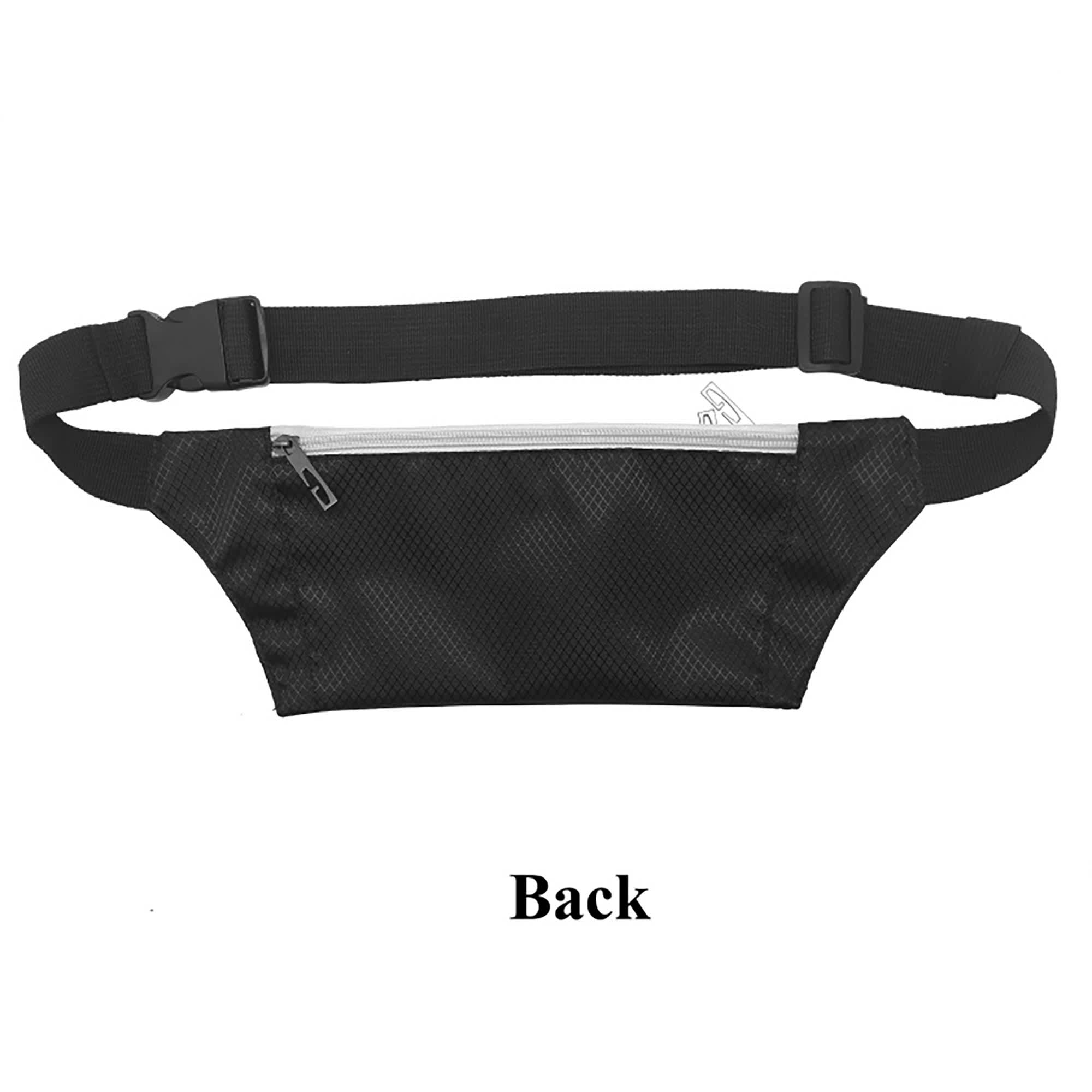 A black waist fitness belt featuring a zippered pocket and an adjustable strap, with a logo on the fabric.