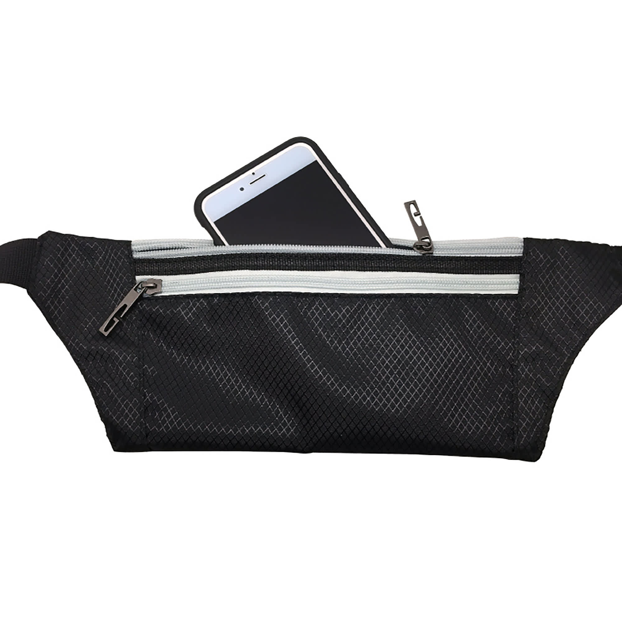 A black waist fitness belt with a front zip pocket and a smartphone partially inserted. It features a logo.