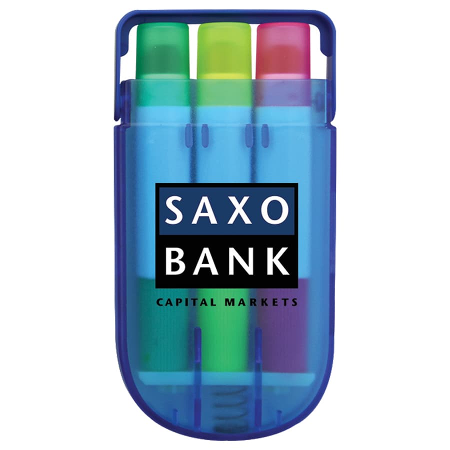 A set of highlighters in a blue case featuring green, pink, and yellow colours, with a logo on the front.