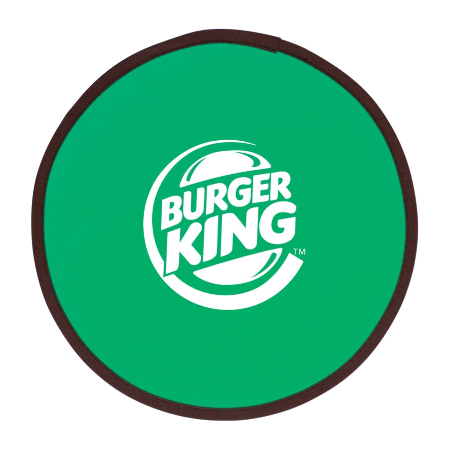 A green fold-up flying disc with a brown edge and a logo in the centre.