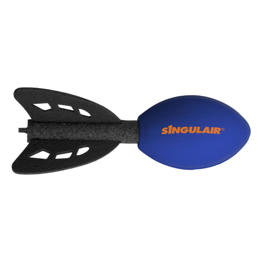 A blue and black football-shaped toy with a soft body and fins, featuring a logo.
