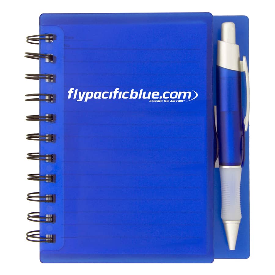 A blue notepad with a spiral binding and a matching pen attached, featuring a logo on the cover.