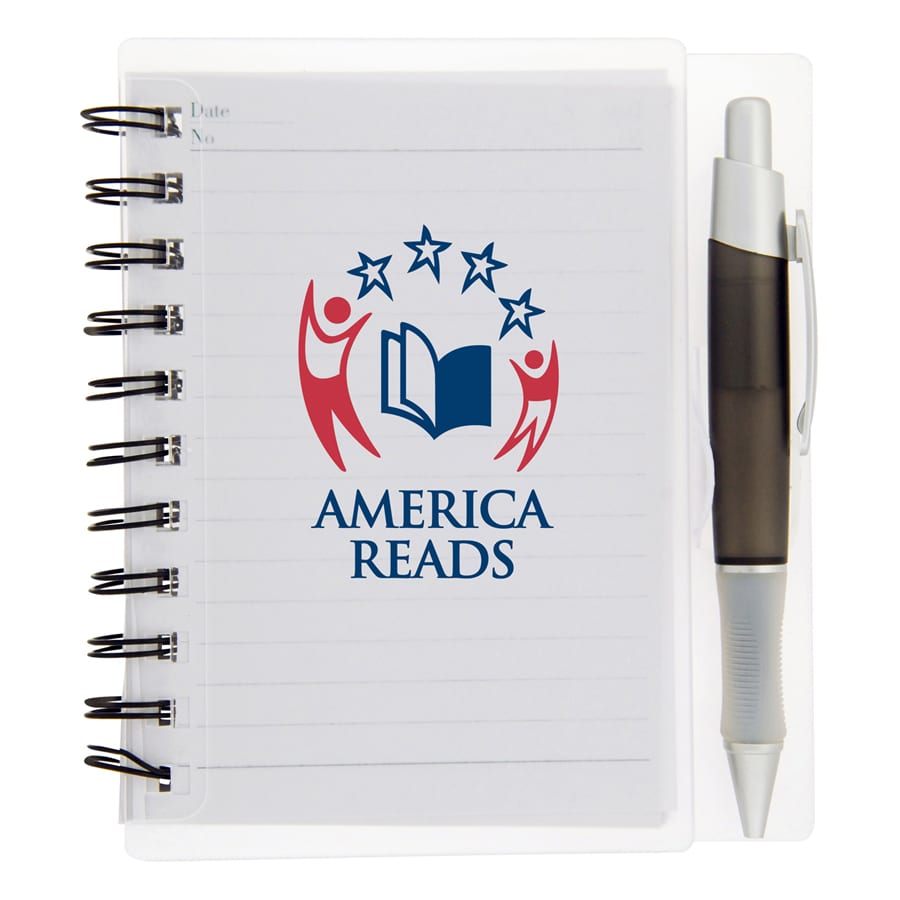 A notepad with a clear cover, spiral binding, and a pen, featuring a logo and white lined pages.