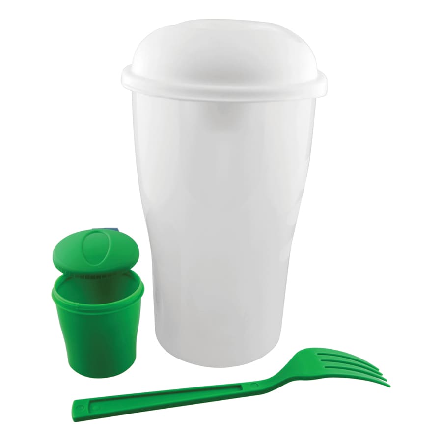 A white salad shaker with a green fork and a small green container. The product features a logo.