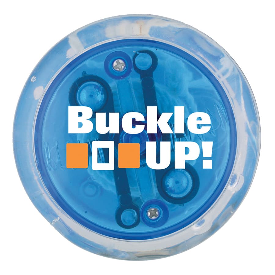 A blue LED light-up yo-yo with a transparent casing and an internal mechanism, featuring a logo on top.