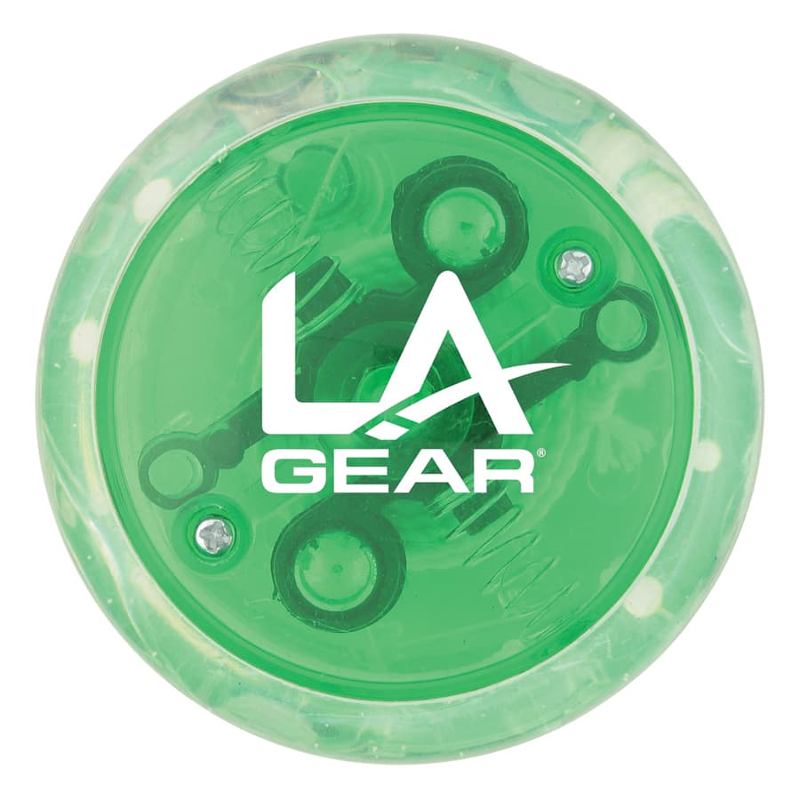 A green LED light-up yo-yo featuring a circular design, with branding present on the surface.