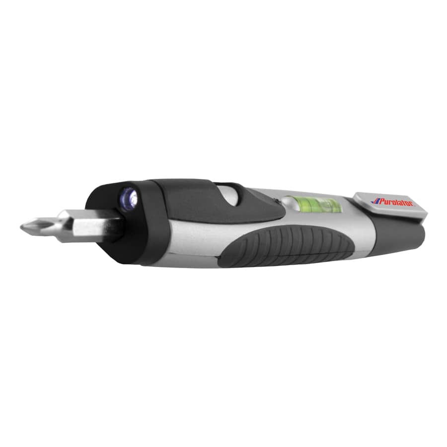A flashlight tool kit with a level, featuring a silver and black design with a screwdriver tip and built-in light.