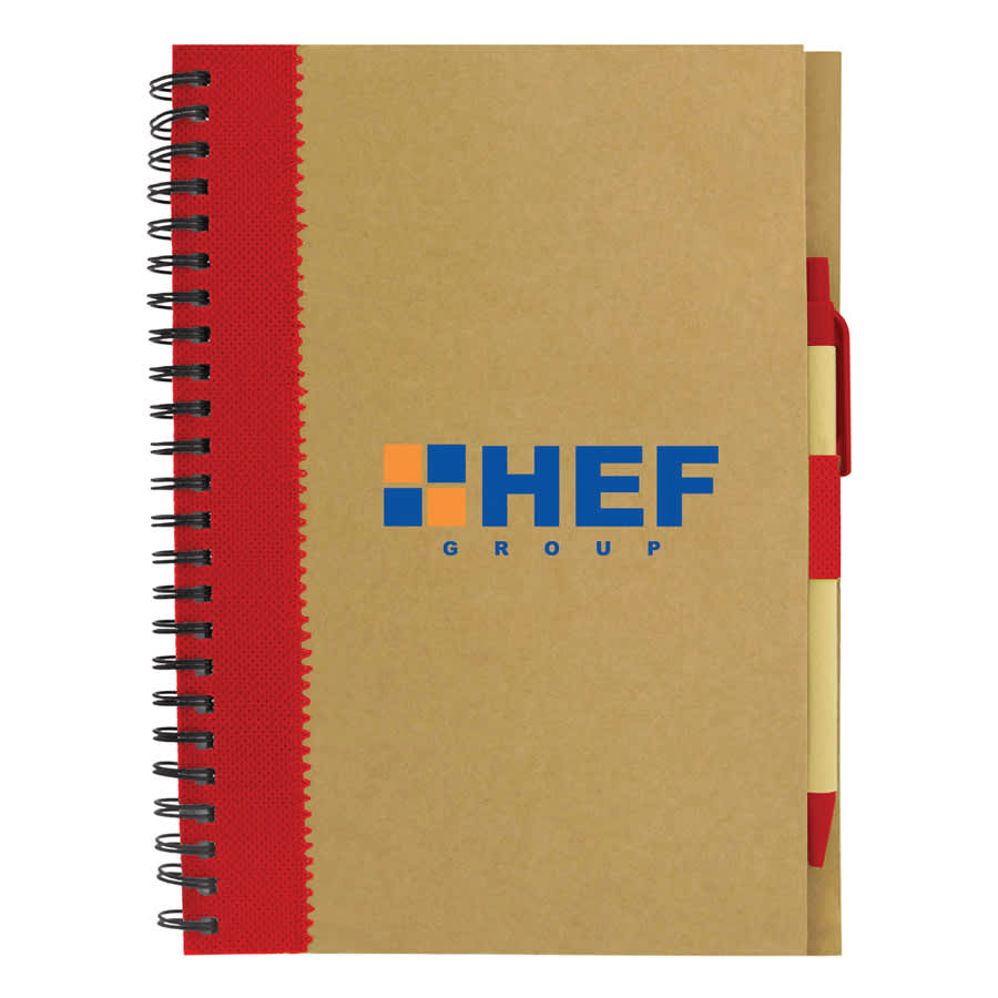 A recycled paper notebook with a brown cover and red spiral binding, featuring a logo on the front.