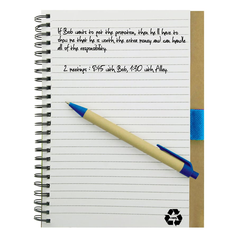 A recycled paper notebook with a brown cover, spiral binding, and a blue pen resting on it.