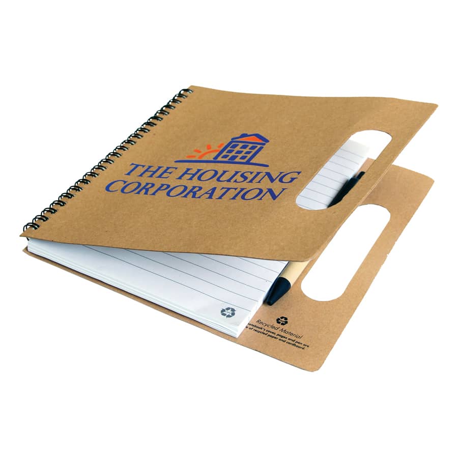A recycled notebook with a brown cover, spiral binding, and a logo. It features a pocket for holding notes.