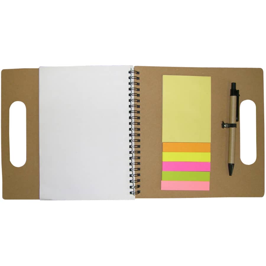 A recycled notebook in natural colour, featuring blank pages, sticky notes in yellow, pink, and orange, and a pen.