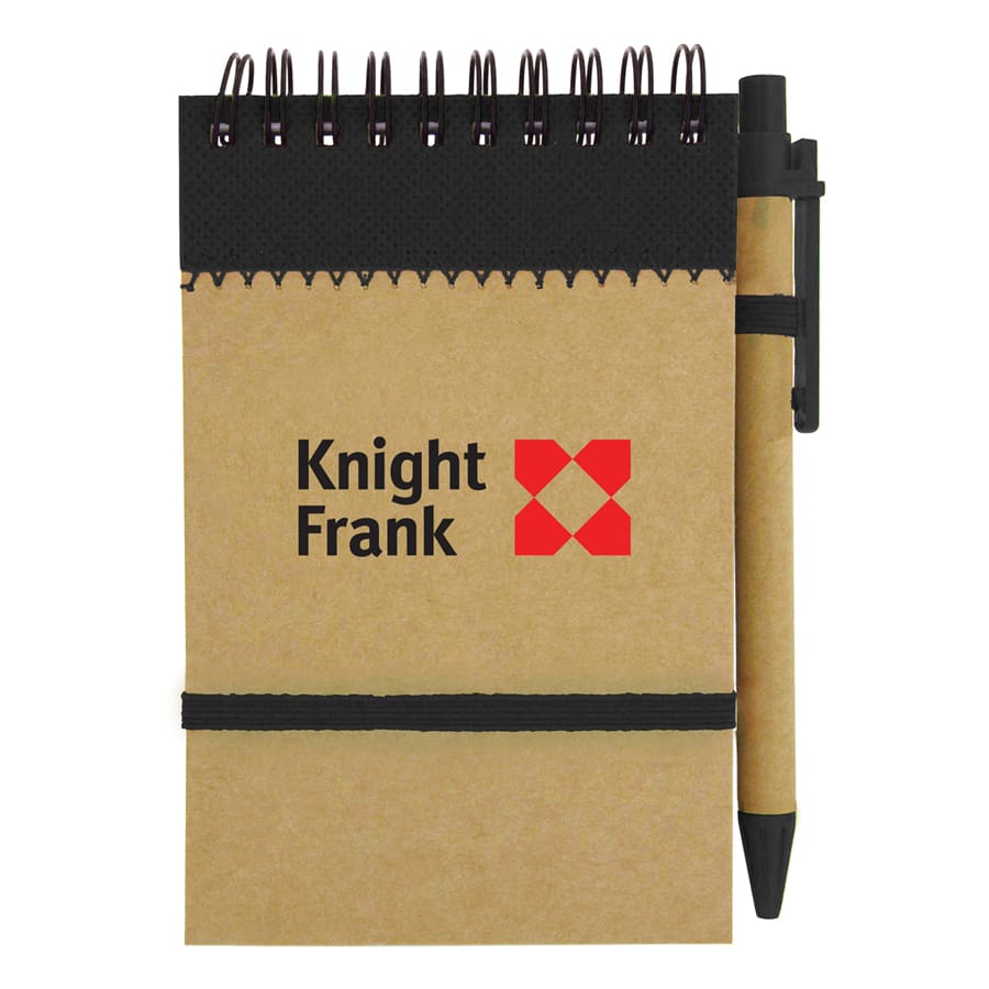 A brown recycled jotter pad with a spiral binding and a black pen attached, featuring a logo on the cover.