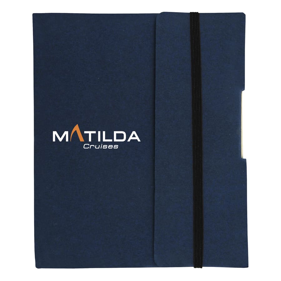 A navy small tuck journal book with an elastic band and a logo on the cover.