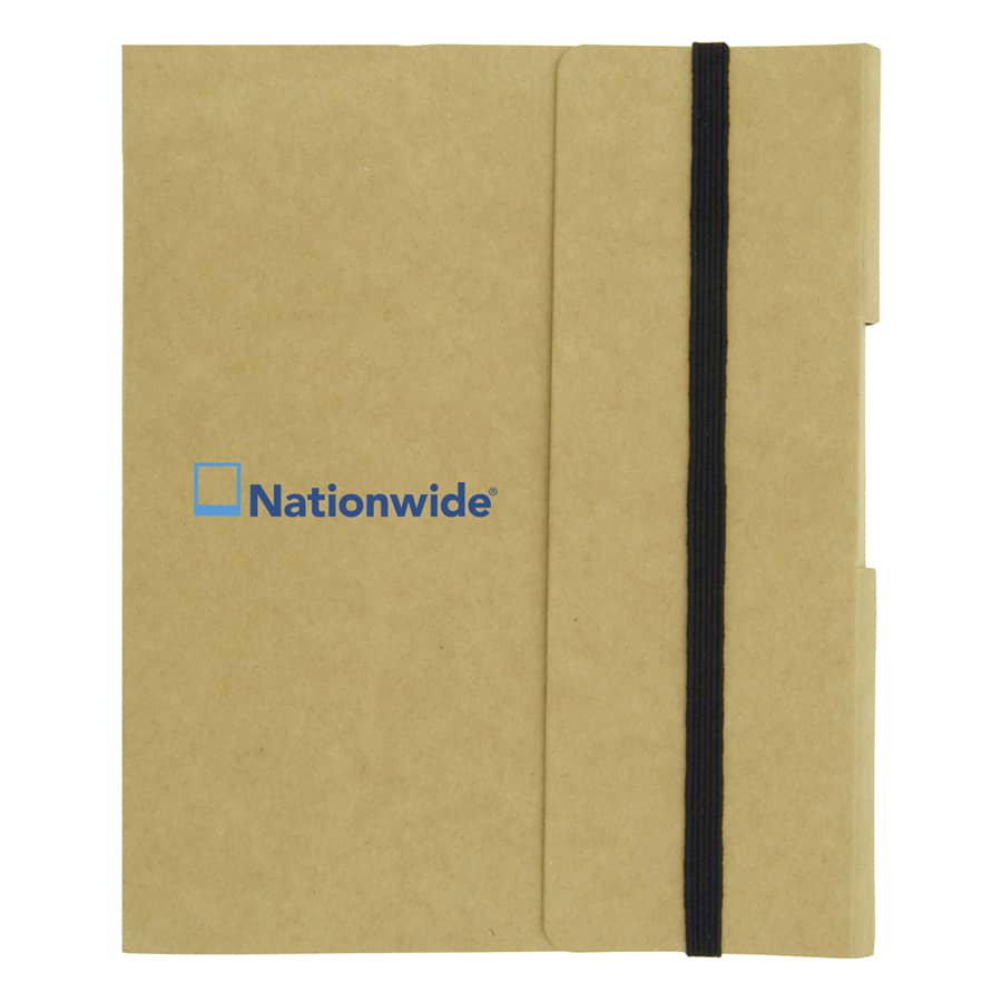 A small tuck journal book in brown with an elastic band closure and a logo on the front.