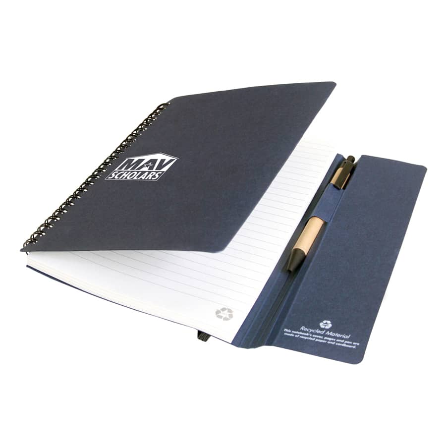 A large A5 journal book in navy blue with a spiral binding and an internal pocket for pens or notes.