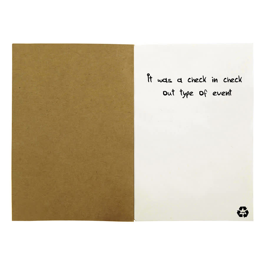 A recycled notebook with a brown kraft cover, featuring a simple inner design and a logo on one page.