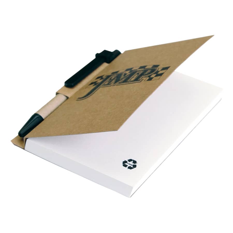 A recycled notebook with a brown cover and a black pen attached, showcasing white pages and a recycling symbol.