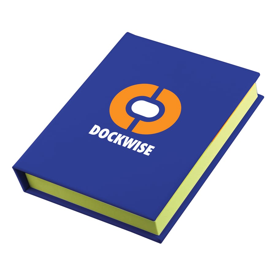 A blue sticky note book with a yellow interior and a logo on the front cover.