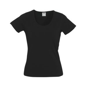 A black ladies' t-shirt with short sleeves and a scoop neckline, featuring a logo on the label.