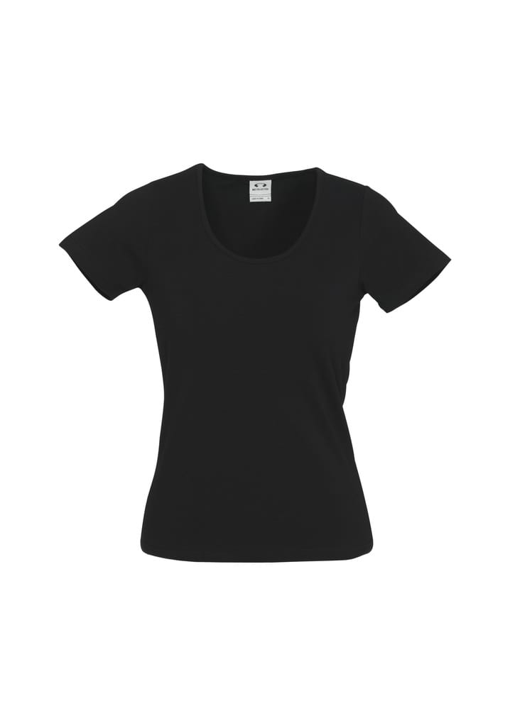 A black ladies' t-shirt with short sleeves and a scoop neckline, featuring a logo on the label.
